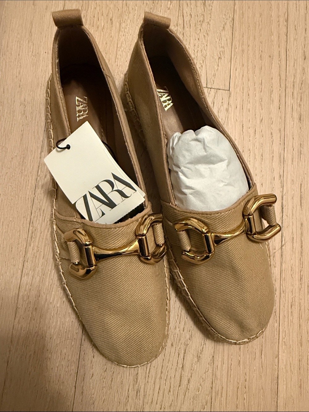 Zara Beige Canvas Loafers with Gold Horsebit Hardware